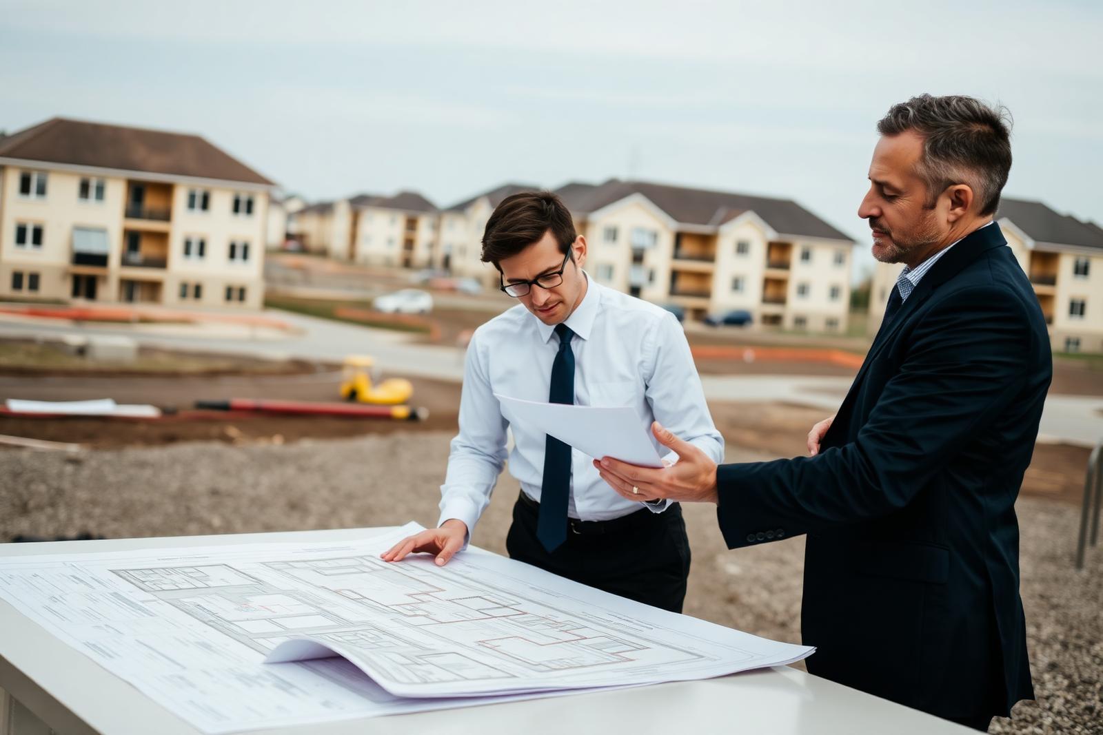 Finance and construction professionals reviewing development plans on site